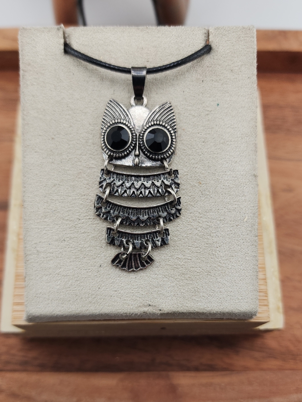 Silver Owl Pendant Necklace with Black Stone Eyes - Women Jewelry